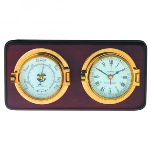 Meridian Zero Channel Brass Clock And Barometer On Wooden Board